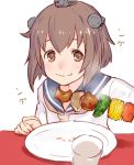  1girl brown_hair dress eating kantai_collection kebab km_(artist) sailor_dress school_uniform short_hair smile uniform yukikaze_(kantai_collection) 