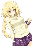  1girl arms_behind_back blonde_hair blue_eyes blush braid breasts cleavage cleavage_cutout fate/grand_order fate_(series) jam_(jam0601) janne_d&#039;arc long_hair open-chest_sweater plaid plaid_skirt purple_skirt ruler_(fate/apocrypha) simple_background single_braid skirt solo sweater turtleneck white_background 