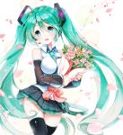  1girl between_breasts bouquet detached_sleeves flower green_eyes green_hair hatsune_miku headset highres long_hair musical_note nail_polish necktie necktie_between_breasts open_mouth petals sibyl skirt solo thigh-highs thigh_gap twintails very_long_hair vocaloid 