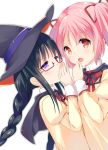  2girls :o akemi_homura black_hair blush bow capelet glasses hair_bow hat kaname_madoka long_hair looking_at_another looking_at_viewer mahou_shoujo_madoka_magica multiple_girls nasunoko open_mouth pink_eyes pink_hair red-framed_glasses red_bow school_uniform semi-rimless_glasses short_hair short_twintails simple_background twintails under-rim_glasses violet_eyes whispering white_background witch_hat 