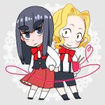  1boy 1girl black_hair blonde_hair blue_eyes blush_stickers chibi child eugenio2nd eyebrows glasses heart heart_of_string iori_shirou kill_la_kill kiryuuin_satsuki locked_arms long_hair red_string ribbon skirt string suspenders thick_eyebrows vest younger 