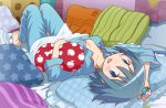  1girl :d barefoot bed_sheet blue_eyes blue_hair blush breasts cleavage collarbone frilled_pillow frills gecchu highres long_sleeves looking_at_viewer lying mahou_shoujo_madoka_magica miki_sayaka on_back on_bed open_mouth pajamas pillow shiny shiny_hair short_hair smile solo soul_gem star star_print striped_pillow 