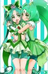  2girls absurdly_long_hair akimoto_komachi artist_request bike_shorts blush butterfly cheek-to-cheek commentary_request cure_march cure_mint diadem earrings elbow_gloves eyebrows fingerless_gloves flower gloves green_eyes green_hair hair_flower hair_ornament hands_together highres hug jewelry long_hair look-alike midorikawa_nao multiple_girls precure shorts_under_skirt smile smile_precure! thick_eyebrows two_side_up very_long_hair yes!_precure_5 