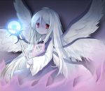  1girl blue blue_background blue_dress bow bowtie dress ellipsis_(mitei) feathered_wings glowing hair_between_eyes lavender_skin long_hair looking_at_viewer multiple_wings no_nose purple red_eyes sariel simple_background smile solo touhou touhou_(pc-98) very_long_hair wand white_hair white_wings wide_sleeves wings 