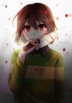  androgynous artist_name blood blood_on_face bloody_clothes bloody_hands bloody_knife bloody_weapon brown_hair chara_(undertale) collared_shirt gradient gradient_background grin knife red_eyes shirt smile solo striped striped_sweater sweater tagme teeth tsuki_gesshoku undertale upper_body weapon 