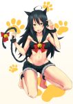  1girl ahoge animal_ears barefoot bell black_hair breasts cat_ears cat_paws cat_tail chokuro cleavage collarbone fang fur groin highres jingle_bell long_hair navel original paw_pose paws scrunchie short_shorts shorts sidelocks solo tail tongue tongue_out wrist_scrunchie 