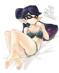  +_+ 1girl aori_(splatoon) black_hair blush bow bra breasts cleavage domino_mask earrings eyebrows hair_bow highres jewelry kabeu_mariko long_hair looking_at_viewer lying mask mole mole_under_eye panties pointy_ears simple_background solo splatoon symbol-shaped_pupils tentacle_hair tentacles thick_eyebrows underwear underwear_only white_background yellow_eyes 