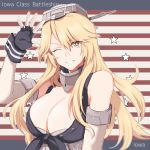  1girl blonde_hair breasts cleavage fingerless_gloves gloves headgear iowa_(kantai_collection) kantai_collection large_breasts long_hair smile solo star star-shaped_pupils symbol-shaped_pupils 
