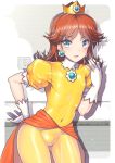  1girl :d ?_block adapted_costume blue_eyes blush bodysuit brooch brown_hair contrapposto covered_navel cowboy_shot crown earrings flat_chest gem gloves hand_on_hip jewelry long_hair looking_at_viewer super_mario_bros. nagase_haruhito open_mouth overskirt playing_with_own_hair princess_daisy puffy_short_sleeves puffy_sleeves short_sleeves smile solo standing super_mario_bros. white_gloves 