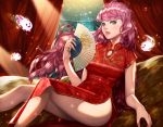  1girl blue_eyes chinese_clothes coffee_dog curtains fan flower ghost lips long_hair looking_to_the_side parted_lips pink_hair side_slit sitting solo wall 