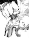  1boy bald cape clenched_hand gloves izen_sora male_focus monochrome one-punch_man punching saitama_(one-punch_man) wide-eyed 