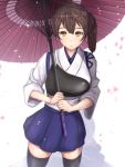  1girl black_legwear brown_eyes brown_hair cherry_blossoms highres japanese_clothes kaga_(kantai_collection) kantai_collection kimono looking_at_viewer muneate oriental_umbrella side_ponytail solo thigh-highs umbrella untsue 