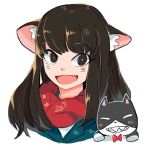  1girl :d animal_ears brown_eyes brown_hair cat cat_ears fang long_hair looking_at_viewer open_mouth original scarf smile solo tuxedo_de_cat white_background 