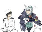  1boy 1girl admiral_(kantai_collection) black_hair bow crossover depo_(typebaby505) folded_ponytail gipsy_danger gipsy_danger_(cosplay) grey_hair hair_bow hair_ribbon hat helmet kantai_collection mecha military military_uniform pacific_rim pantyhose peaked_cap ponytail ribbon school_uniform serafuku short_hair uniform yellow_eyes yuubari_(kantai_collection) 