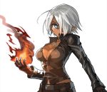  1boy 1girl blue_eyes breasts cleavage cropped_jacket cross dark_skin fire genderswap gloves hair_over_one_eye izen_sora jacket jewelry k&#039; leather_jacket looking_at_viewer necklace short_hair snk solo the_king_of_fighters white_hair 