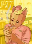  1boy animal_ears burgerpants cat_ears cigarette creature employee_uniform facial_hair fast_food_uniform fingernails hat highres light_smile marchop sharp_fingernails smoke smoking solo undertale uniform 