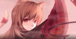 1girl 2015 :o animal_ears arm_up artist_name bagus_casbon bow brown_background cat_ears cat_tail expressionless floral_print highres japanese_clothes kimono long_hair long_sleeves open_mouth orange_hair original red_bow red_eyes simple_background solo tail tail_bow tareme upper_body wide_sleeves yukata 