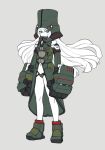  1girl aqua_eyes ban bare_shoulders cherno_alpha flat_chest hat high_collar highres long_coat long_hair looking_at_viewer mecha_musume mechanical_hand midriff navel pacific_rim personification simple_background wavy_hair 