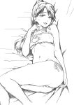  1girl bell bell_choker cat_cutout cat_ear_panties cat_lingerie choker cleavage_cutout houshou_(kantai_collection) jingle_bell kantai_collection long_hair monochrome panties ponytail side-tie_panties sketch solo takayama_chihiro underwear underwear_only 