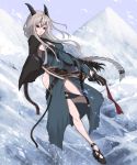  1girl blizzard braid cape claws horns kuro_black monster_girl mountain original red_eyes snow sword weapon white_hair 