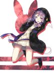  1girl :o ankle_boots bare_legs black_boots black_gloves blush boots bunny_print cable cjl6y5r fang fingerless_gloves full_body gloves hair_ribbon headphones highres long_hair long_sleeves looking_at_viewer low_twintails open_mouth purple_ribbon ribbed_sweater ribbon simple_background solo striped striped_sweater sweater tareme twintails violet_eyes vocaloid voiceroid white_background yuzuki_yukari 