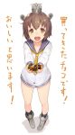  1girl black_thunder_(chocolate) brown_hair chocolate chocolate_bar dress interacting_with_viewer kantai_collection km_(artist) open_mouth sailor_dress school_uniform short_hair smile translated uniform yukikaze_(kantai_collection) 