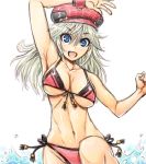  1girl alisa_ilinichina_amiella amania_orz bikini blue_eyes blush breasts cabbie_hat god_eater god_eater_burst hat large_breasts long_hair looking_at_viewer open_mouth panties red_panties silver_hair simple_background smile solo swimsuit underwear water wet white_background 