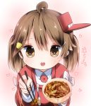  1girl blush bowl brown_eyes brown_hair chopsticks commentary_request flat_chest food gyuudon japanese_clothes kantai_collection kariginu magatama mugichoko_(mugi_no_choko) open_mouth pov_feeding ryuujou_(kantai_collection) twintails visor_cap 