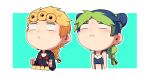  1boy 1girl :o aqua_eyes blonde_hair blue_hair braid chibi double_bun food giorno_giovanna green_hair heart highres jojo_no_kimyou_na_bouken kuujou_jolyne looking_up motion_blur multicolored_hair open_mouth outline pudding single_braid triangle_mouth two-tone_hair wang_xinquan 