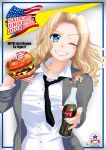  1girl ;d american_flag blonde_hair blue_eyes blush breasts coca-cola dated english food girls_und_panzer glass_bottle hamburger highres kay_(girls_und_panzer) keiazu lettuce nail_polish necktie one_eye_closed open_mouth pickle smile teeth tomato winking 