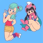  2girls :q artist_request bangs bare_shoulders black_eyes black_hair blue_background blue_eyes blunt_bangs boots bulma cape chi-chi_(dragon_ball) dragon_ball gloves hair_bobbles hair_ornament helmet long_hair looking_at_viewer looking_back lowres multiple_girls one_eye_closed shorts simple_background smile tagme tongue tongue_out v 