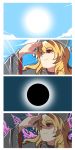  1girl black_dress blonde_hair chinese_clothes crescent dress eclipse eyebrows eyebrows_visible_through_hair junko_(touhou) kapiten70 long_hair long_sleeves looking_afar pom_pom_(clothes) red_eyes ribbon solo sun tabard tareme touhou very_long_hair white_background yellow_ribbon 