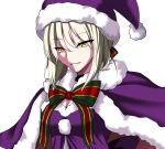  &gt;:) 1girl blonde_hair breasts cape cleavage fate/grand_order fate_(series) fur-trimmed_cape hat highres saber saber_alter santa_costume santa_hat smile solo syuya_(syuyananaki) teeth white_background yellow_eyes 