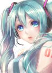  1girl aqua_hair blue_eyes hatsune_miku headset lma long_hair solo tattoo twintails upper_body vocaloid white_background 