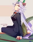 1girl aoki_shizumi character_request copyright_request cue_ball cue_stick dragon_tail formal frown horns looking_back necktie pool_table red_eyes sitting solo suit sweat tail white_hair 