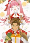  1boy 1girl ^_^ brown_hair christmas claude_von_riegan closed_eyes dated dress fake_antlers fire_emblem fire_emblem:_three_houses fire_emblem_heroes gift green_eyes hilda_valentine_goneril hilda_valentine_goneril_(winter) holding holding_gift open_mouth pink_hair red_dress sakura_(user_djfu2523) smile 