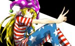  1girl :&gt; american_flag_shirt blonde_hair clownpiece hat highres jester_cap kan_(aaaaari35) long_hair red_eyes smile solo striped striped_legwear touhou v 