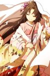  1girl ahoge black_hair character_request closed_eyes fate/grand_order fate_(series) floral_print flower hair_flower hair_ornament japanese_clothes kara_no_kyoukai kimono long_sleeves oiun ornament petals ryougi_shiki smile solo wide_sleeves wind 