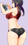  1girl ass black_hair blush breasts cowboy_shot from_behind highres long_hair looking_at_viewer looking_back manabebebe original purple_background red_eyes short_twintails simple_background solo sports_bikini sportswear standing twintails 