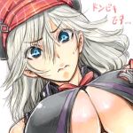  1girl alisa_ilinichina_amiella amania_orz blue_eyes blush breasts god_eater god_eater_burst large_breasts long_hair looking_at_viewer no_bra silver_hair simple_background solo sweat under_boob white_background 