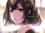  1girl bangs black_hair blurry_background brown_eyes close-up closed_mouth crying crying_with_eyes_open dripping face lips long_hair looking_at_viewer original sad signature solo tcb teardrop tears text translation_request tsurime upper_body 