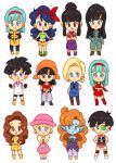  6+girls :o android_18 artist_request bandana black_eyes black_hair blue_eyes blue_hair blue_skin boots bra_(dragon_ball) brown_eyes brown_hair bulma character_request chi-chi_(dragon_ball) chibi coat crossed_arms curly_hair dragon_ball dragon_ball_gt dragon_ball_z dress earrings gloves hair_bun hairband hands_on_hips hat jewelry knee_boots long_hair lunch_(dragon_ball) mai_(dragon_ball) marron midriff multiple_girls open_mouth orange_hair pan_(dragon_ball) pigeon-toed pointy_ears scouter short_hair shorts simple_background skirt tagme tank_top twintails vest videl white_background zangya 