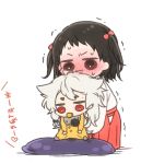  1boy 1girl :i baby bib black_hair blush brown_eyes female_saniwa_(touken_ranbu) hair_bobbles hair_ornament japanese_clothes jida kogitsunemaru miko pacifier pillow red_eyes saniwa_(touken_ranbu) touken_ranbu translation_request trembling two_side_up white_hair younger 