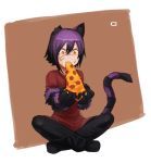  1girl animal_ears black_hair cat_ears cat_tail cheshire_cat eating facial_scar food food_on_face highres indian_style less missing_ear monster_girl_encyclopedia multicolored_hair pants paws pizza purple_hair red_shirt scar shirt short_hair sitting slit_pupils solo striped_tail tail two-tone_hair yellow_eyes 