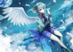  1girl bangs brooch clouds dress expressionless feathered_wings feathers furapechi highres jewelry kishin_sagume long_sleeves night open_clothes outdoors planet shoes silver_hair single_wing sitting solo touhou violet_eyes white_wings wings 