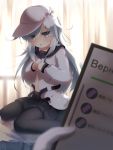  1girl backlighting bed black_legwear commentary_request gengetsu_chihiro grey_eyes hat hibiki_(kantai_collection) highres kantai_collection long_hair long_sleeves looking_at_viewer on_bed open_mouth pantyhose pov pov_hands school_uniform serafuku silver_hair sitting skirt solo_focus undressing verniy_(kantai_collection) very_long_hair wariza window 