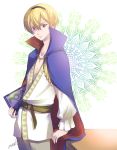  1boy artist_name blonde_hair book cape fire_emblem fire_emblem_if kizuki_miki leon_(fire_emblem_if) red_eyes simple_background solo white_background 