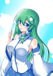  1girl bare_shoulders blue_eyes blush breasts detached_sleeves eyebrows_visible_through_hair food frog_hair_ornament green_hair hair_between_eyes hair_ornament highres kochiya_sanae large_breasts long_hair looking_at_viewer nintoku open_mouth popsicle snake solo touhou very_long_hair wide_sleeves 