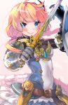  1girl :q belt blonde_hair blue_eyes blush breasts gauntlets long_hair looking_at_viewer low_twintails naso4 sekaiju_no_meikyuu sekaiju_no_meikyuu_5 smile solo sword tongue tongue_out twintails weapon 