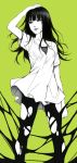  1girl absurdres arm_at_side arm_up bangs blunt_bangs collarbone dress green_background hand_on_head highres legs_apart lips long_hair looking_afar looking_to_the_side monochrome original pantyhose short_sleeves simple_background solo standing tonee torn_clothes torn_pantyhose 